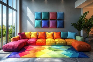 Colorful living room with vibrant couch and decor.