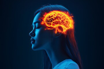 Woman with a glowing brain profile in neon light symbolizing the intersection of human thought cognitive power and the advanced potential of brain computer interface technology