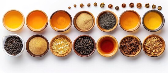Overhead view of an assortment of various spices herbs and seasonings presented in small bowls on a clean white tabletop background  The collection includes paprika pepper cumin cinnamon cloves