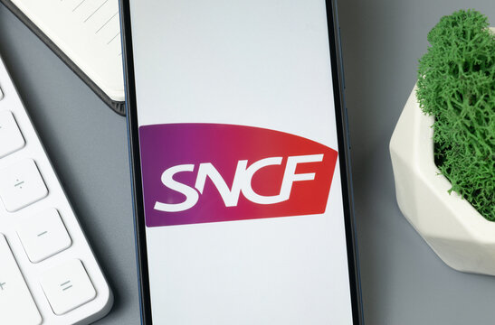 New York, USA - 30 August 2024: SNCF Logo on Phone Screen, Company Icon on Display