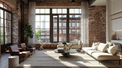 Elegant urban apartment featuring exposed brick walls, modern furniture, and large windows with captivating city views.