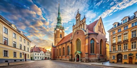 Naklejka premium St. Saviour's Anglican Church surrounded by historic buildings on Anglikanu street in Riga, Latvia