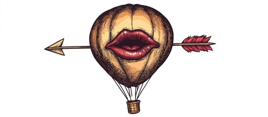 Hand drawn 2d illustration of an air balloon featuring a human mouth and arrow Unique tattoo design suitable for cards posters banners t shirts pins badges and patches