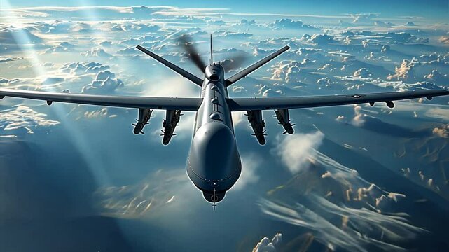 Predator Drone in Flight: Majestic view of a military drone soaring through the clouds, showcasing its powerful design and advanced technology.  A symbol of modern warfare and aerial surveillance. 