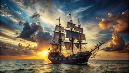 Obraz premium Vintage black pirate ship sailing on the sea, pirate ship, vintage, black, sailing, sea, ocean, adventure, nautical, , rendering