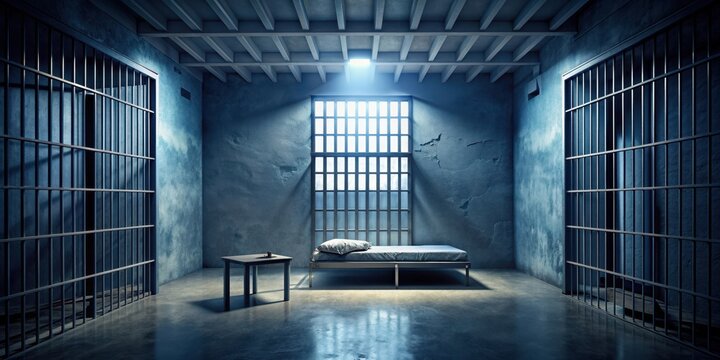 Dark and eerie rendering of a prison cell at night, prison, cell, dark, night, gloomy, spooky, confined