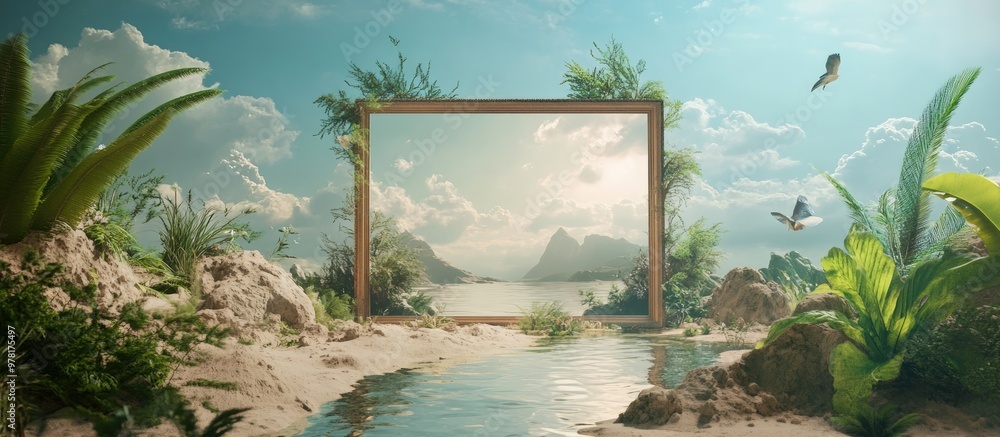 Poster surreal landscape with a frame showcasing a unique perspective and vision this is a 3d rendered illu