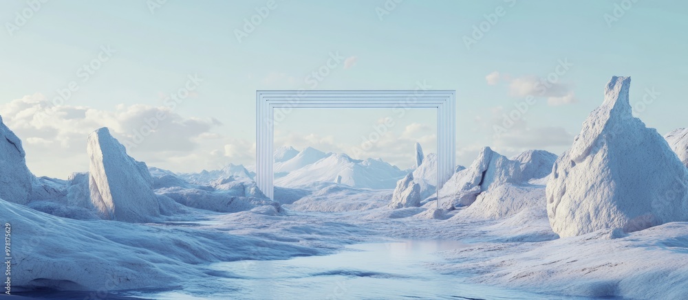 Poster surreal landscape with a frame showcasing unique perspectives and visionary concepts this is a 3d re