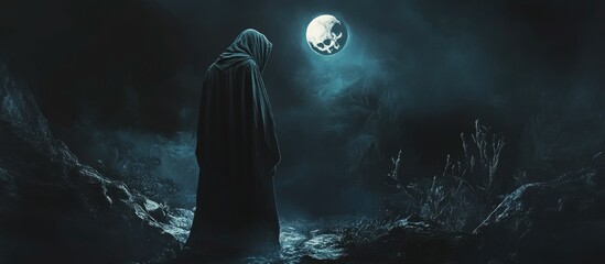 Eerie hooded figure resembling a demon in a dark surreal environment illuminated by a moonlit skull evoking a sense of fear and fantasy