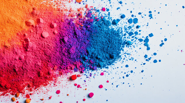 Vibrant colorful powder splashes in various shades creating a striking visual impact on white background.