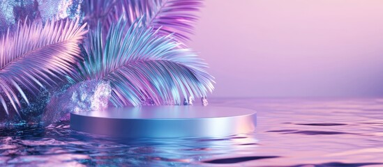 Surreal scene featuring holographic palm leaves and a podium resting on a rippling water surface 3D artwork