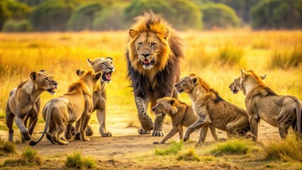 Lion fiercely defending pride against hyena pack, lion, hyena, battle, struggle, courage, determination, predator, savannah