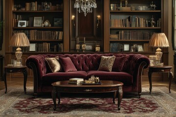 Elegant living room with vintage decor and rich furnishings.