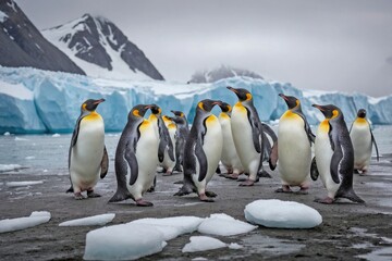 Obraz premium Penguin Colony on a Snowy Shore: A bustling colony of penguins gathered on a snow-covered beach, with a backdrop of towering glaciers and jagged cliffs.