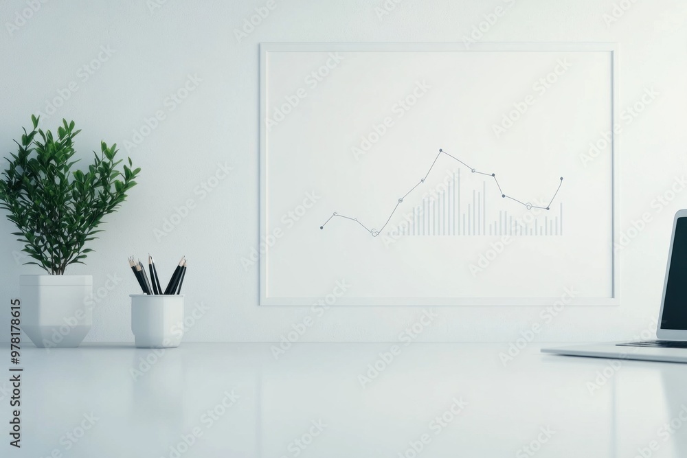 Poster minimalist infographic in a sleek office setting: clean data visualization with soft lighting and pr