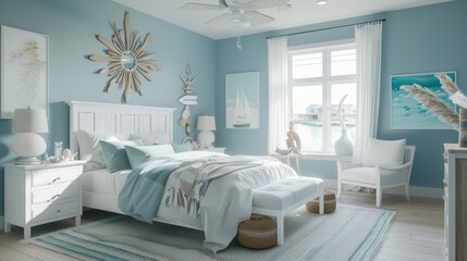 Serene coastal bedroom with light blue walls, white furniture, and nautical decor, offering a peaceful and inviting beach house vibe.