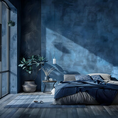 Blue Bedroom Interior Design with Bed, Window, Plant, and Rug - 3D Illustration