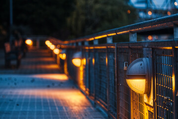 Romantic evening with empty benches and lanterns, lamps, captured at twilight, near Waterfront of Portland, Oregon