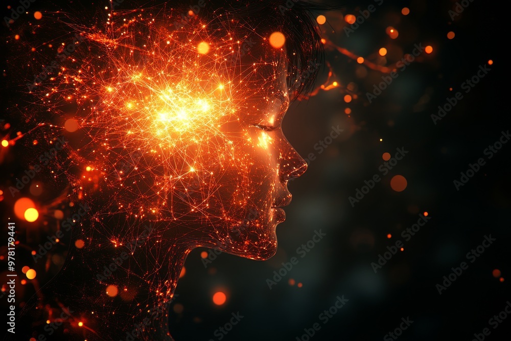 Poster human silhouette profile with glowing particles symbolizing brain activity and thought processes rep