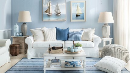 Elegant coastal living room with light blue walls, white furnishings, and nautical decor for a tranquil beach-inspired environment.