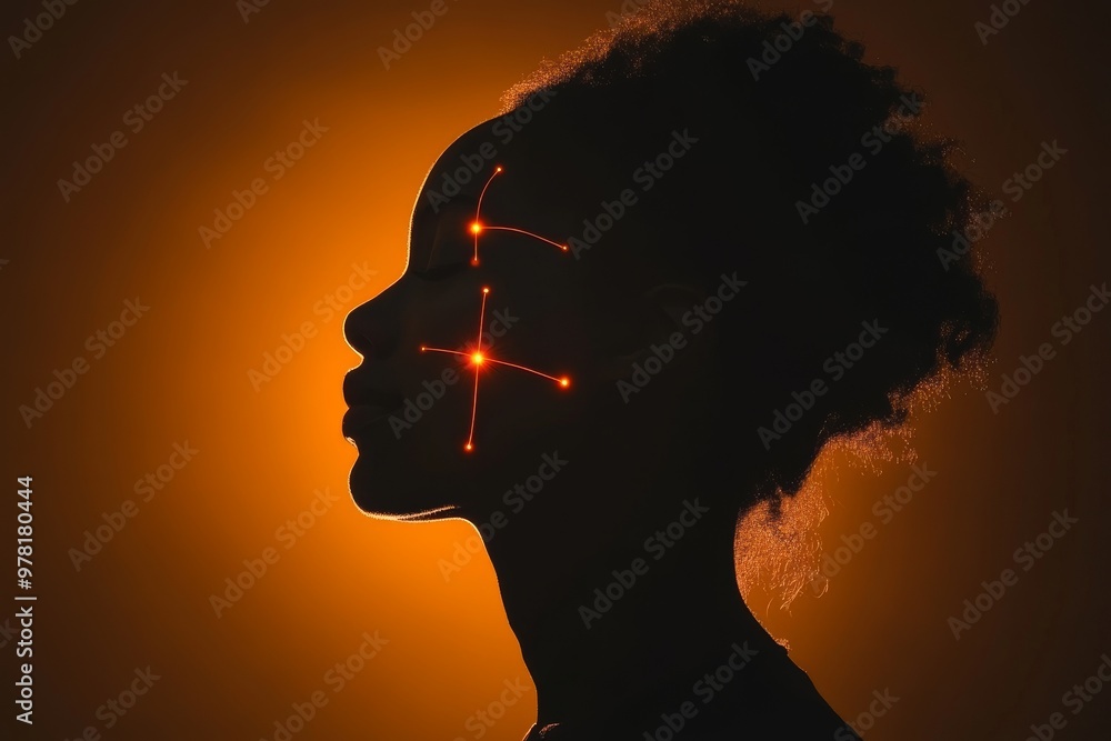 Poster silhouette of a woman against an orange glowing backdrop with neural lines symbolizing identity self