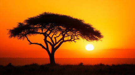 African savannah landscape with an acacia tree at sunset.