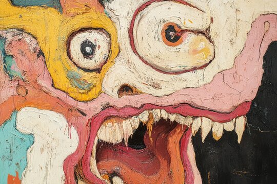 Chaotic and abstract depiction of insanity featuring swirling patterns distorted shapes and fragmented elements Bright clashing colors with sharp contrasts and jagged lines Elements of disarray and co