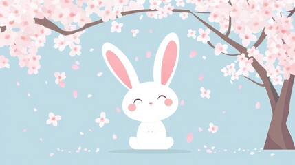Beautiful Portrait Of Cherry Tree Sakura Flowers In Bloom Cherry Blossom Backdrop Cheerful Bunny Illustration