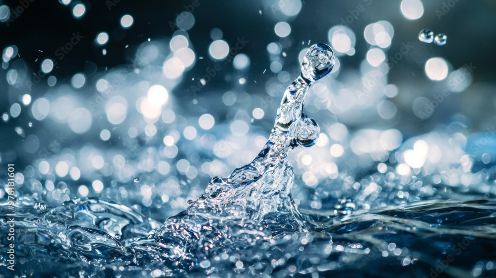 Poster close-up of water splash with sparkling droplets and bokeh effects