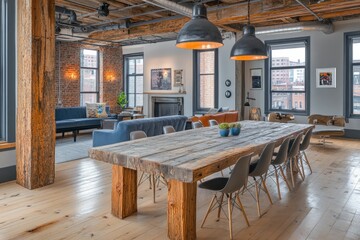 Modern loft interior with rustic dining table and seating.