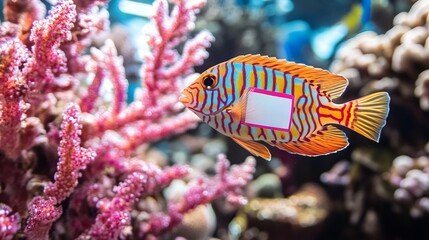 A vibrant striped fish swimming gracefully among colorful coral in a lively underwater scene.