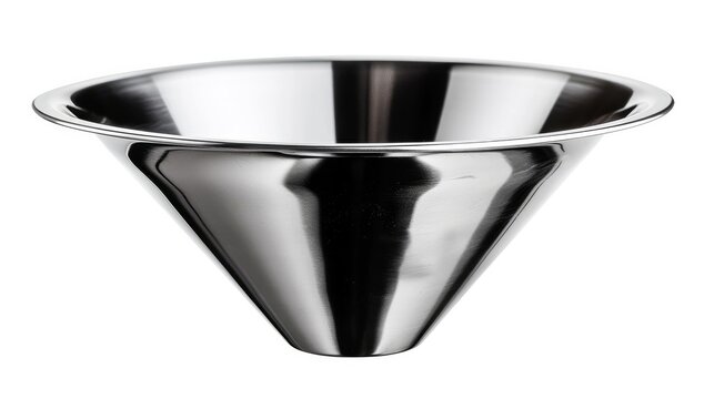 Shiny and polished stainless steel circular bowl with a sleek modern and minimalistic design  This high end culinary vessel can be used for elegant food presentation tableware design