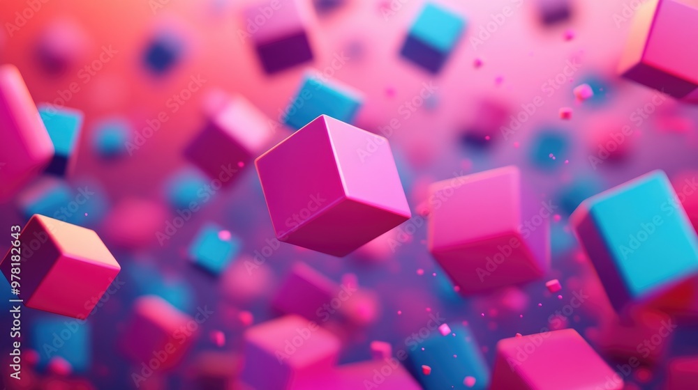 Poster abstract 3d background with floating cubes in motion geometric shapes on a blurred dynamic backdrop
