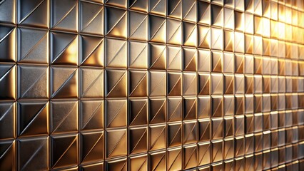 Luxurious surface of reflective metallic tiles with visible dents and imperfections, gold, pyramid, tiles, surface