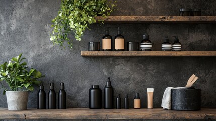 Fototapeta premium Modern skincare products arranged on wooden shelves with greenery