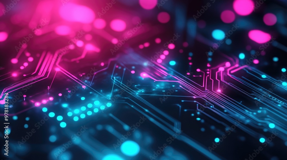 Poster digital neon colorful background with cyan and magenta diagonal lines as technology circuit board on