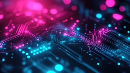 Obraz premium Digital Neon Colorful Background With Cyan And Magenta Diagonal Lines As Technology Circuit Board On Dark Surface