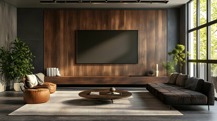 Modern Living Room Interior Design with Wooden Wall and Large Window 3D Illustration