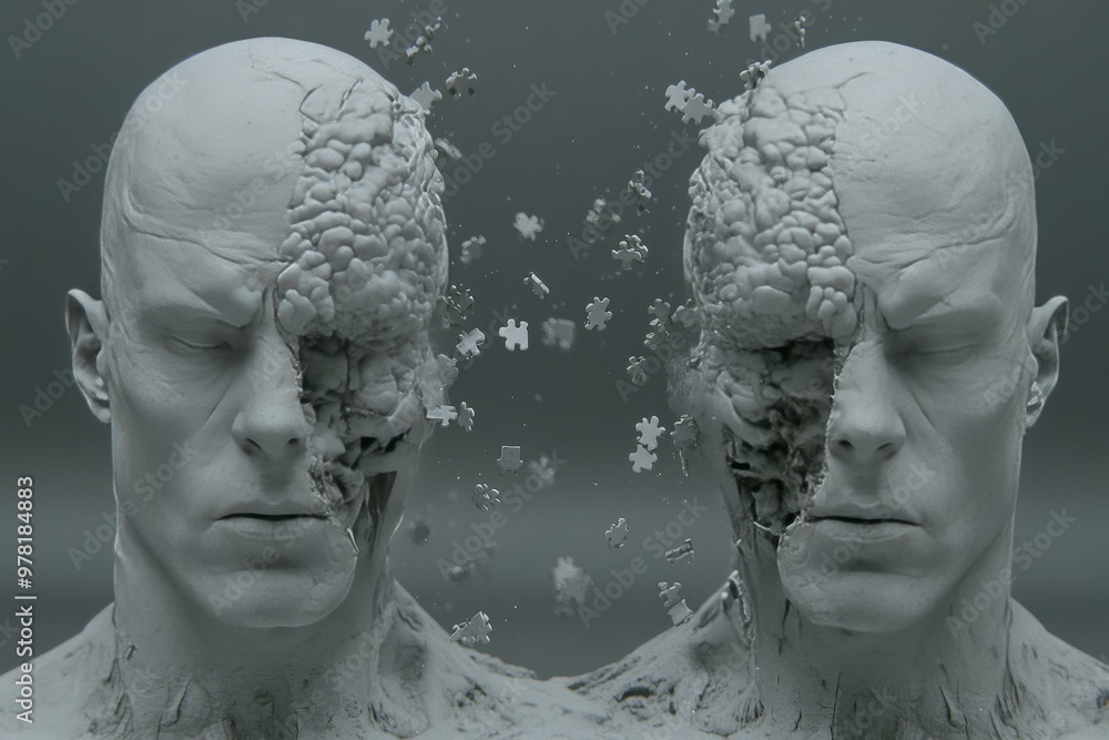 Poster human faces crumbling into fragments in monochrome illustrating mental deterioration aging memory lo