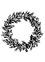 Christmas wreath illustration icon for logo, black silhouette of plant, isolated on white background