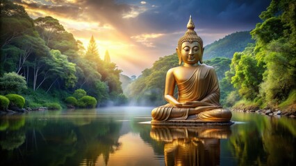 Peaceful Living Buddha in Naga Prok Posture Surrounded by Serenity and Nature in 8K Resolution, Buddha, Naga Prok Posture