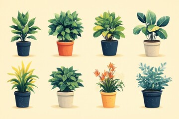 Illustration of Potted Plants with Green Leaves in Various Styles