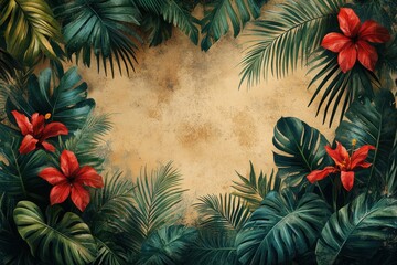 Tropical Illustration with Red Flowers and Green Leaves on Beige Background