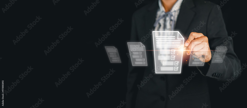 Poster business professional using a digital document management system interface, highlighting efficiency 