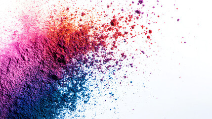 Obraz premium Vibrant colored powder bursts on a white background, creating a dynamic and artistic explosion of hues.