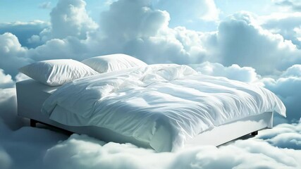Serene bed with white linens among fluffy clouds, symbolizing peace and comfort. Dreamy and restful sleep concept. Design for bedding advertisement, wellness campaign.