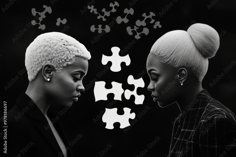 Aufkleber two individuals facing each other with puzzle pieces between them symbolizing relationships human co