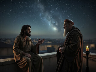 Gospel Images from the Bible NT - Jesus talks with Pharisee Nicodemus at night on roof saying need to be born again