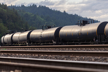 Naklejka premium Black tank cars cisterns for gas and oil, captured in Portland, Oregon industrial area. High quality close up picture for download.
