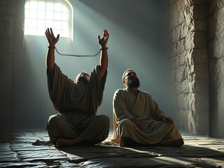 Gospel Images from the Bible NT - Paul and Silas singing in prison before the earthquake